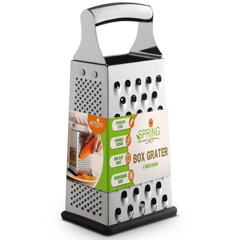 Spring Chef Professional Large Parmesan Cheese Grater, Stainless Steel Metal Box Grater with Handle, 4 Sided Handheld Kitchen Food Shredder for Cheese, Carrot, Veggie, Ginger, Potato - Dishwasher Safe - Image 1